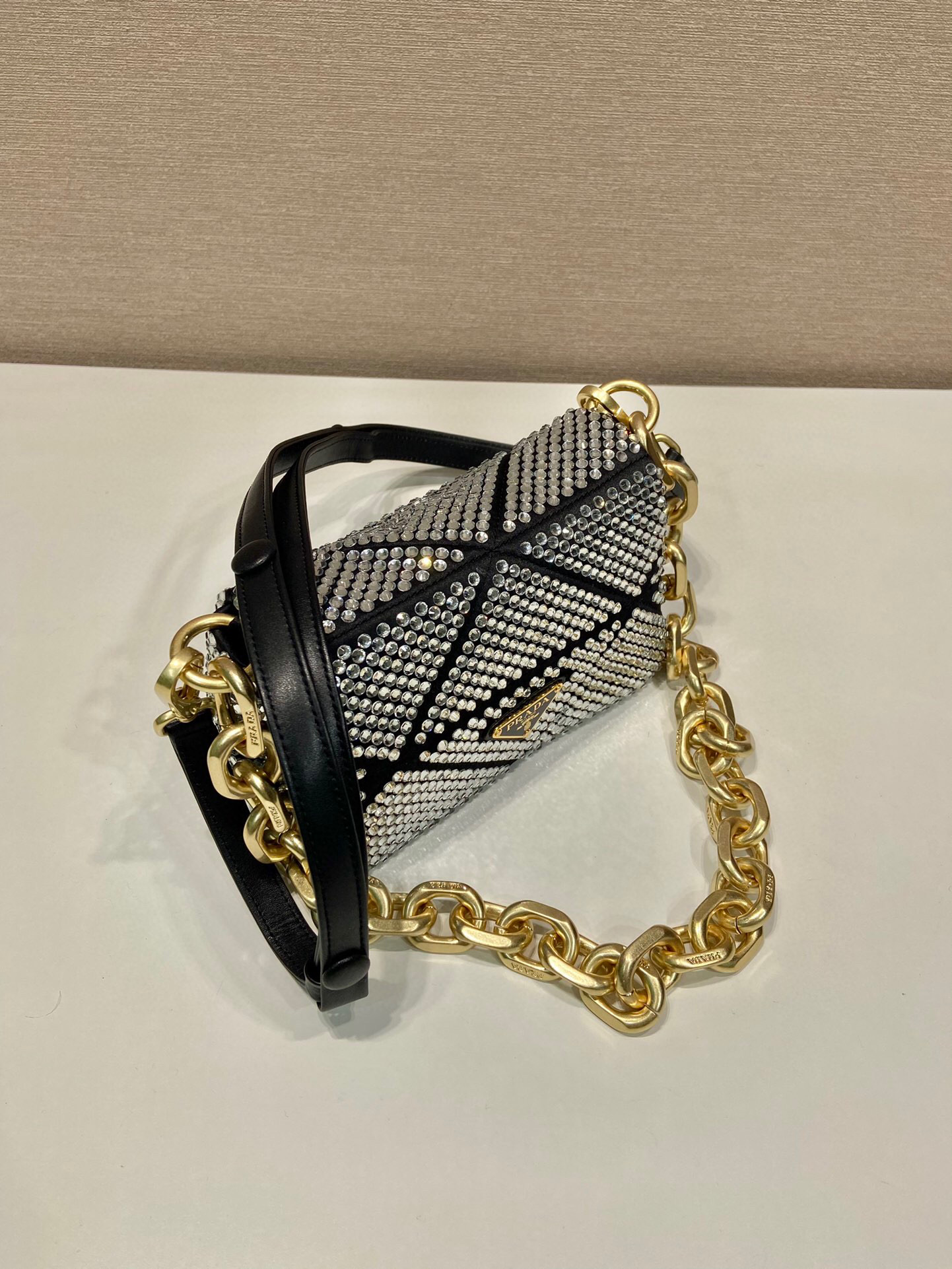 Satin Mini-Bag With Crystals Gold Tone/Black For Women 6.6in/ 17cm 1BD329_2AWL_F0522_V_QOO - Image 11