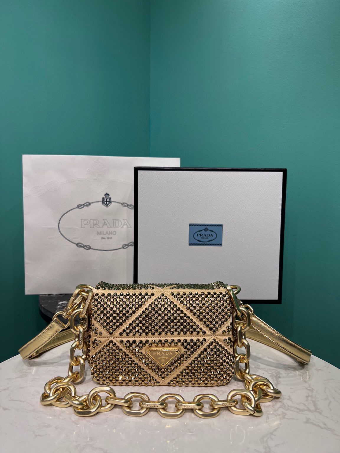 Satin Mini-Bag With Crystals Gold Tone/Black For Women 6.6in/ 17cm 1BD329_2AWL_F0522_V_QOO - Image 20