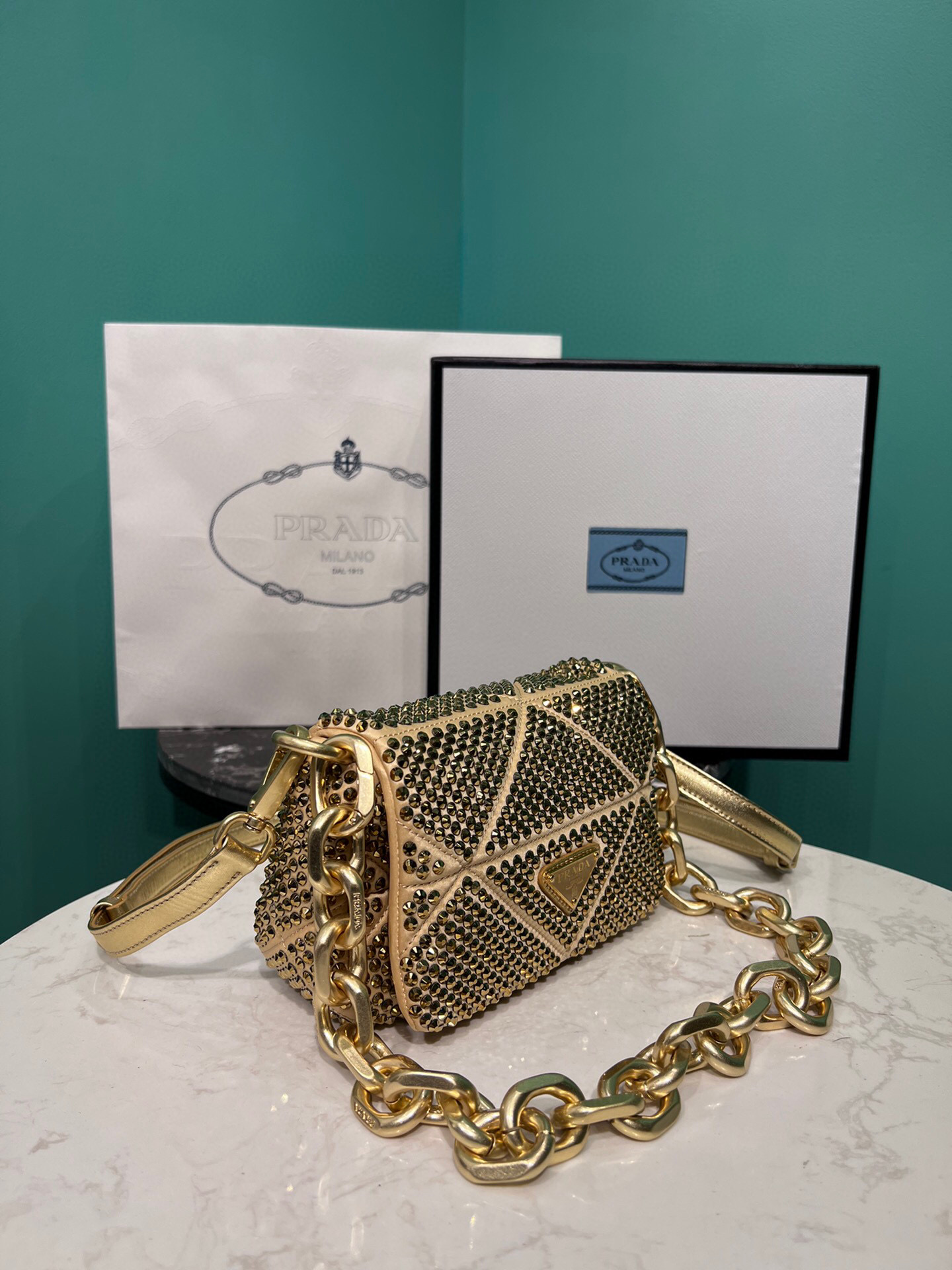 Satin Mini-Bag With Crystals Gold Tone/Black For Women 6.6in/ 17cm 1BD329_2AWL_F0522_V_QOO - Image 3