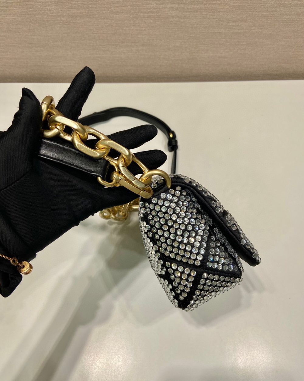 Satin Mini-Bag With Crystals Gold Tone/Black For Women 6.6in/ 17cm 1BD329_2AWL_F0522_V_QOO