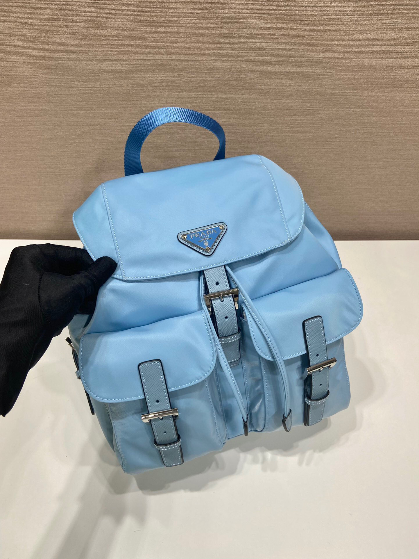 Small Re-Nylon Backpack In Blue For Women 11in/ 28cm 1BZ677_RV44_F0076_V_OOO - Image 5