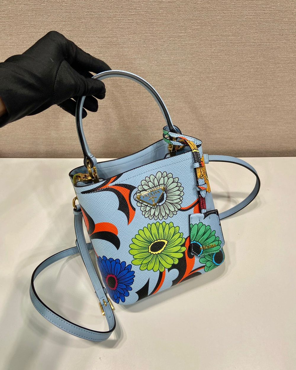 Small Saffiano Prada Panier Flower Bag In Blue For Women 7in/ 18cm