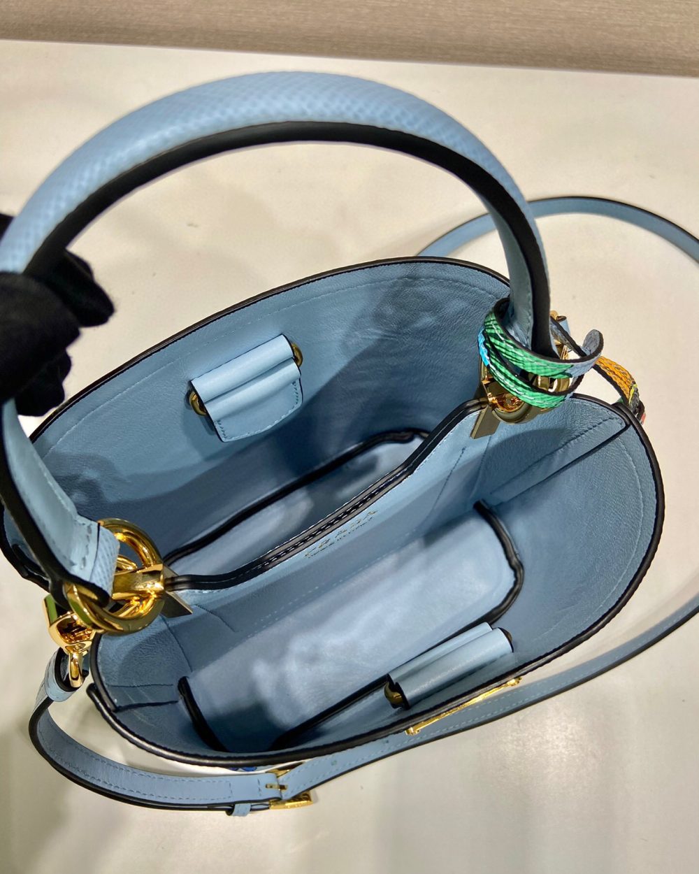 Small Saffiano Prada Panier Flower Bag In Blue For Women 7in/ 18cm