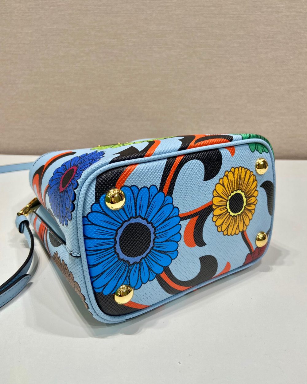 Small Saffiano Prada Panier Flower Bag In Blue For Women 7in/ 18cm