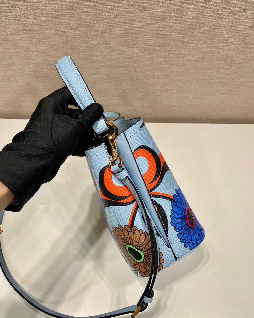 Small Saffiano Prada Panier Flower Bag In Blue For Women 7in/ 18cm