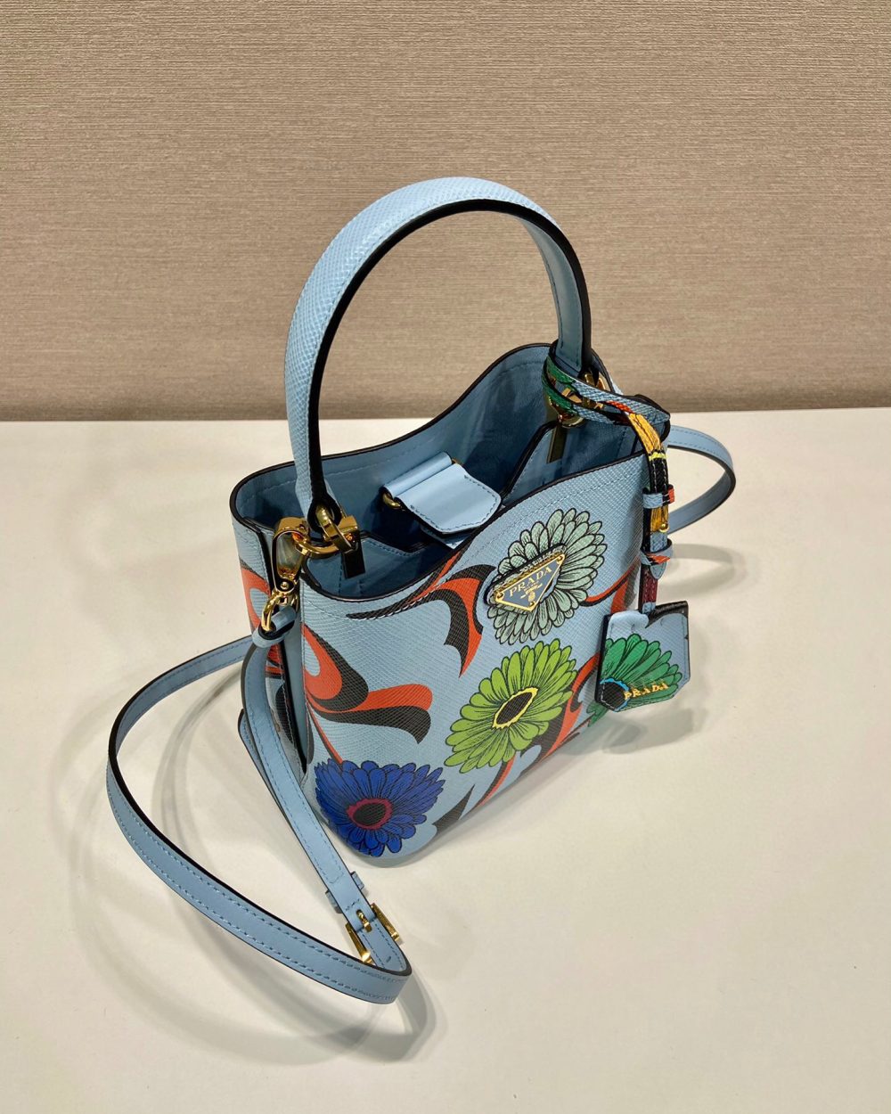 Small Saffiano Prada Panier Flower Bag In Blue For Women 7in/ 18cm