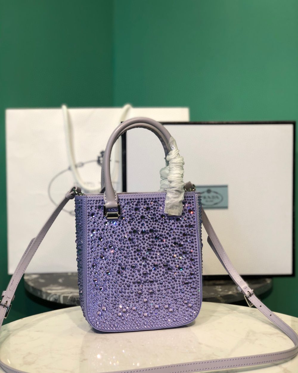 Small Satin Tote Bag With Sparkling Stone In Purple For Women 6.9in/ 17.5cm