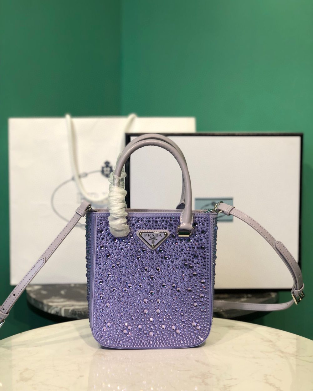 Small Satin Tote Bag With Sparkling Stone In Purple For Women 6.9in/ 17.5cm