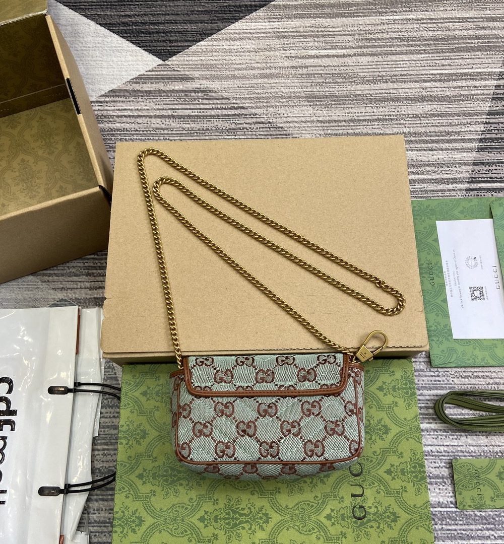 1:1 Replica GG SUPER MINI SHOULDER BAG Pale blue and brown canvas For Women 783141 FADAT 4941