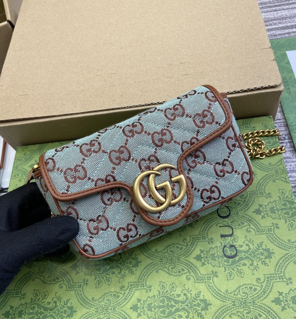1:1 Replica GG SUPER MINI SHOULDER BAG Pale blue and brown canvas For Women 783141 FADAT 4941