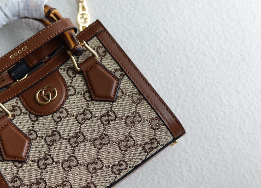 1:1 Replica GUCCI DIANA MINI TOTE BAG P Camel and ebony GG canvas with crystals Exclusive For Women ‎707449 21HRG 2687