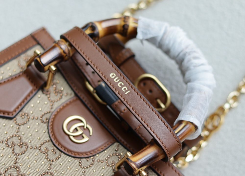 1:1 Replica GUCCI DIANA MINI TOTE BAG P Camel and ebony GG canvas with crystals Exclusive For Women ‎707449 21HRG 2687