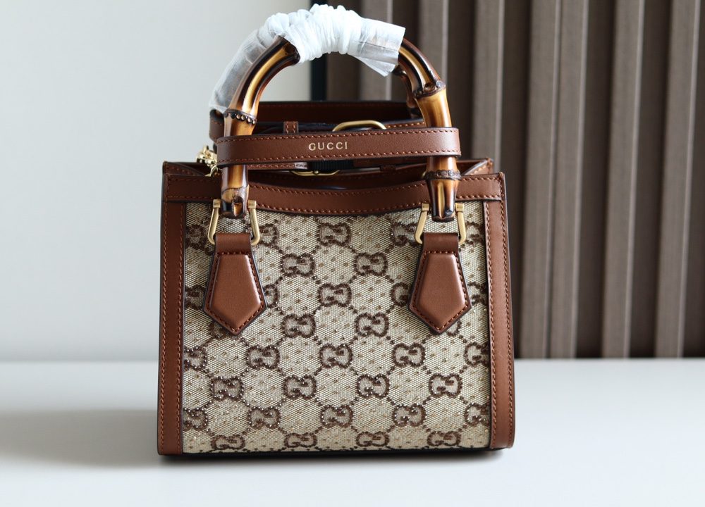 1:1 Replica GUCCI DIANA MINI TOTE BAG P Camel and ebony GG canvas with crystals Exclusive For Women ‎707449 21HRG 2687
