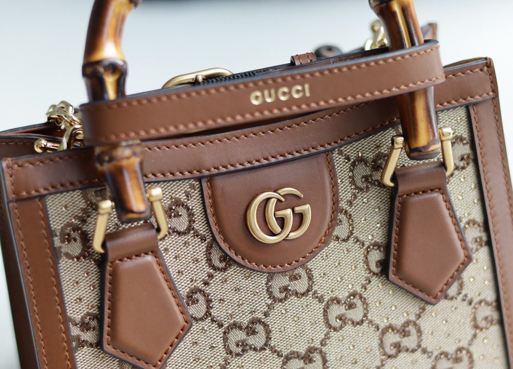 1:1 Replica GUCCI DIANA MINI TOTE BAG P Camel and ebony GG canvas with crystals Exclusive For Women ‎707449 21HRG 2687