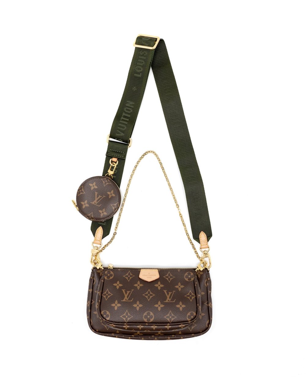 AAA Replica Louis Vuitton LV MULTI POCHETTE MONOGRAM CANVAS WITH KHAKI/ROSE CLAIR TWO STRAPS GHW