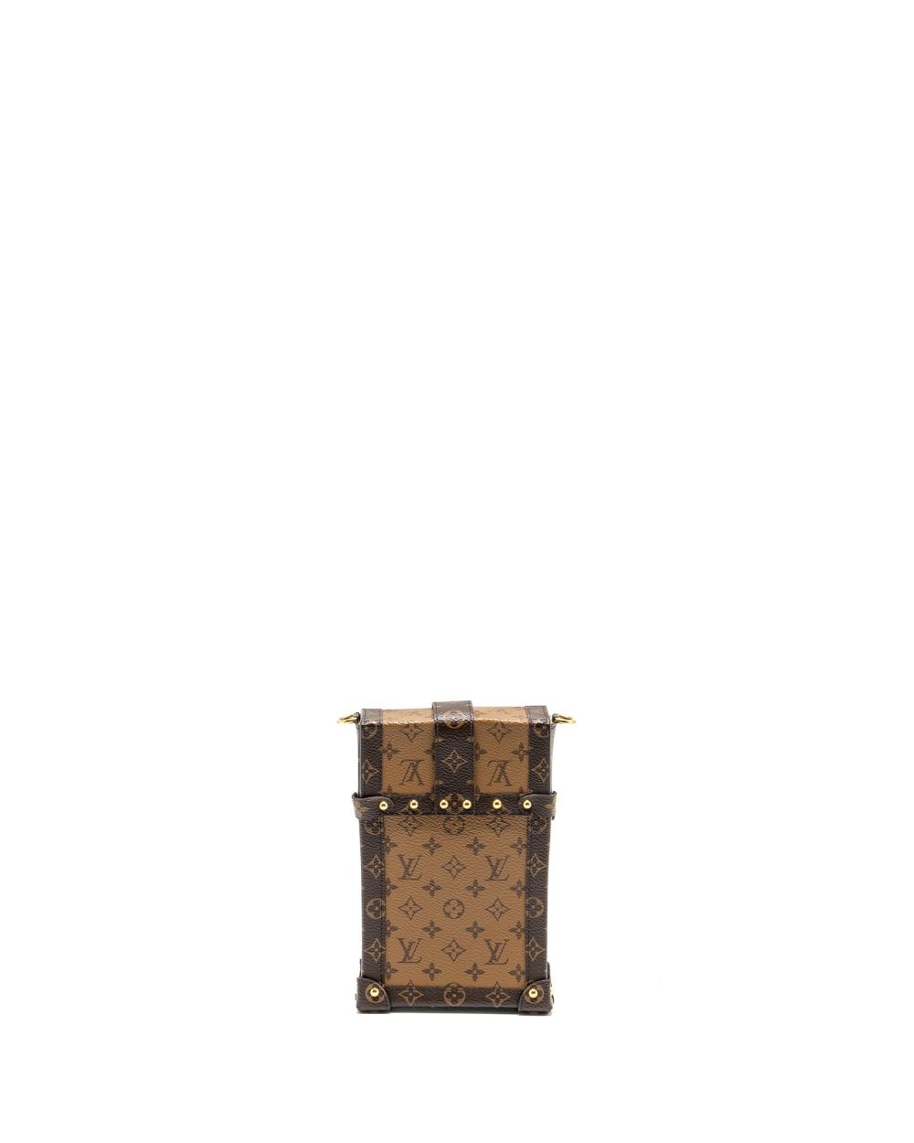 AAA Replica Louis Vuitton LV VERTICAL TRUNK POCHETTE WITH CHAIN MONOGRAM REVERSE CANVAS GHW
