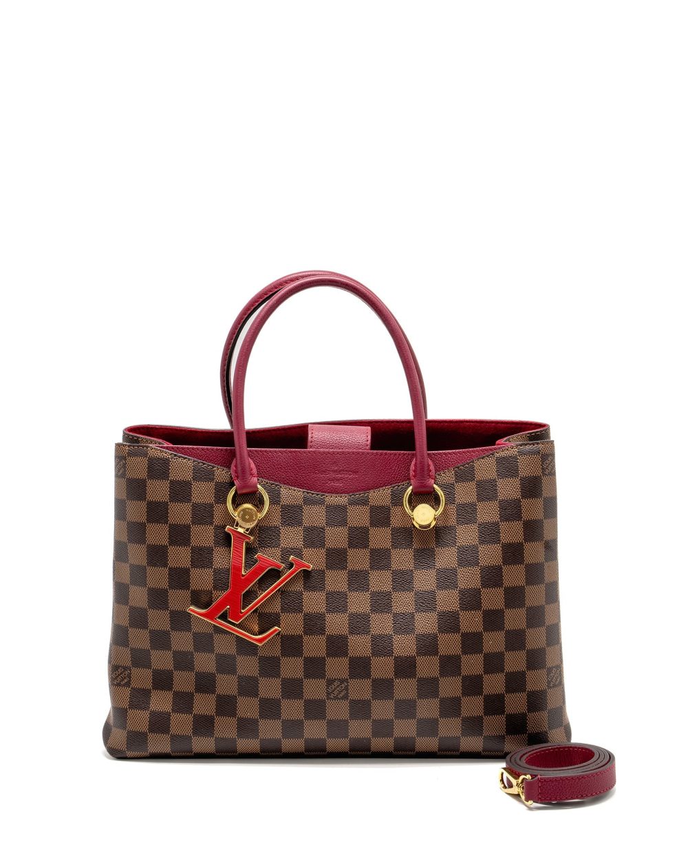 AAA Replica Louis Vuitton LV RIVERSIDE TOTE BAG DAMIER EBENE CANVAS RED/BROWN GHW