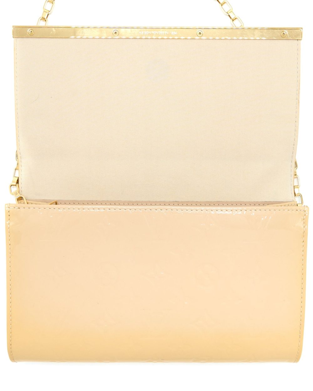 AAA Replica Louis Vuitton LV ANA VERNIS CLUTCH WITH CHAIN PATENT BEIGE GHW