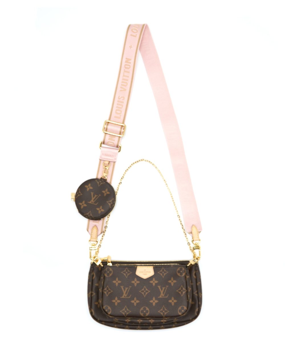 AAA Replica Louis Vuitton LV MULTI POCHETTE ACCESSORIES MONOGRAM CANVAS WITH ROSE CLAIR STRAP GHW