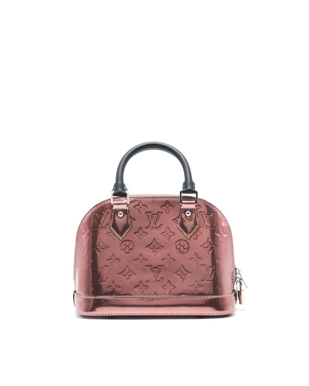 AAA Replica Louis Vuitton LV ALMA BB PATENT LEATHER METALLIC PINK WITH BLACK HANDLE SHW