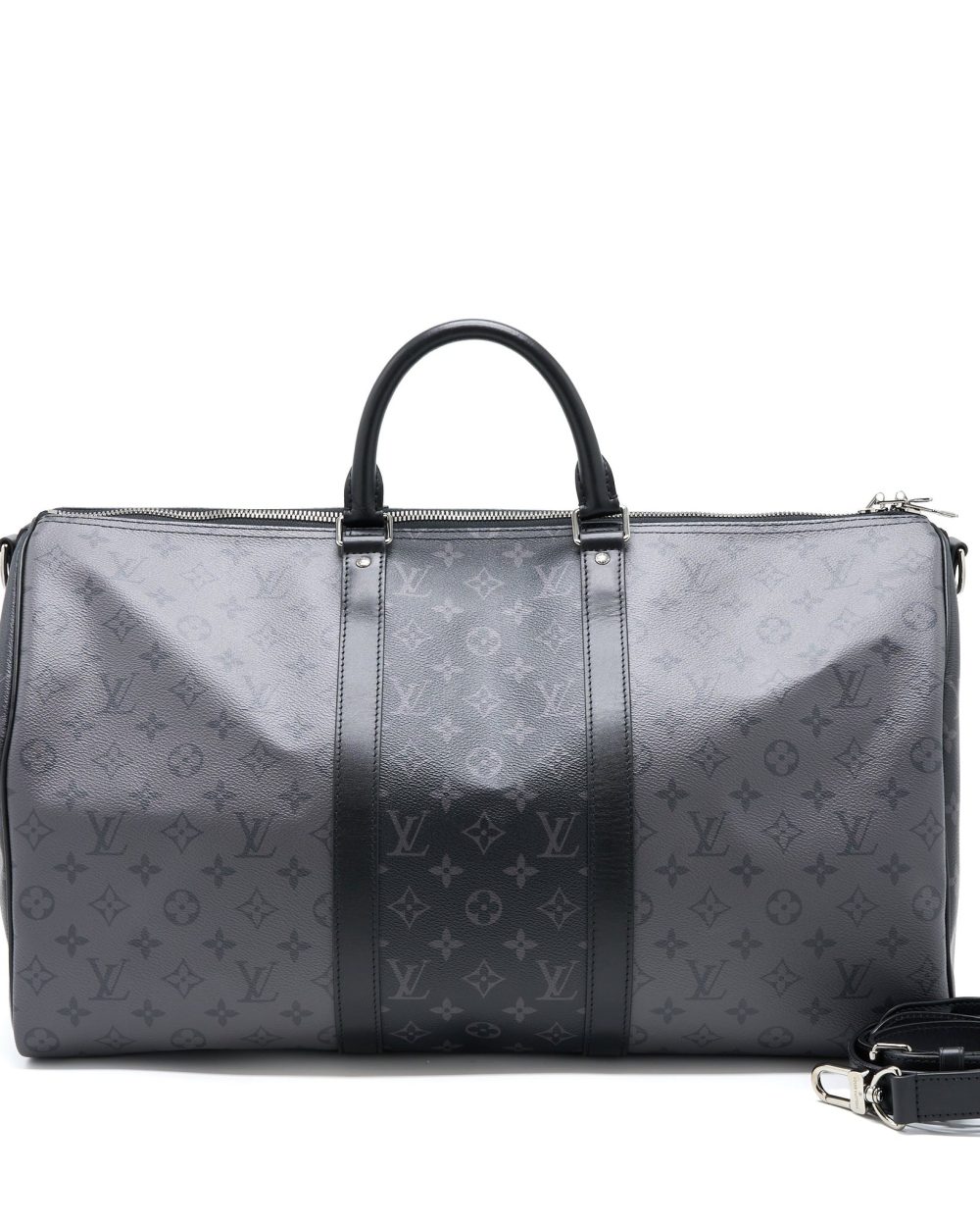 AAA Replica Louis Vuitton LV KEEPALL BANDOULIERE 50 MONOGRAM ECLIPSE CANVAS BLACK/GREY BLACK HARDWARE (NEW VERSION)