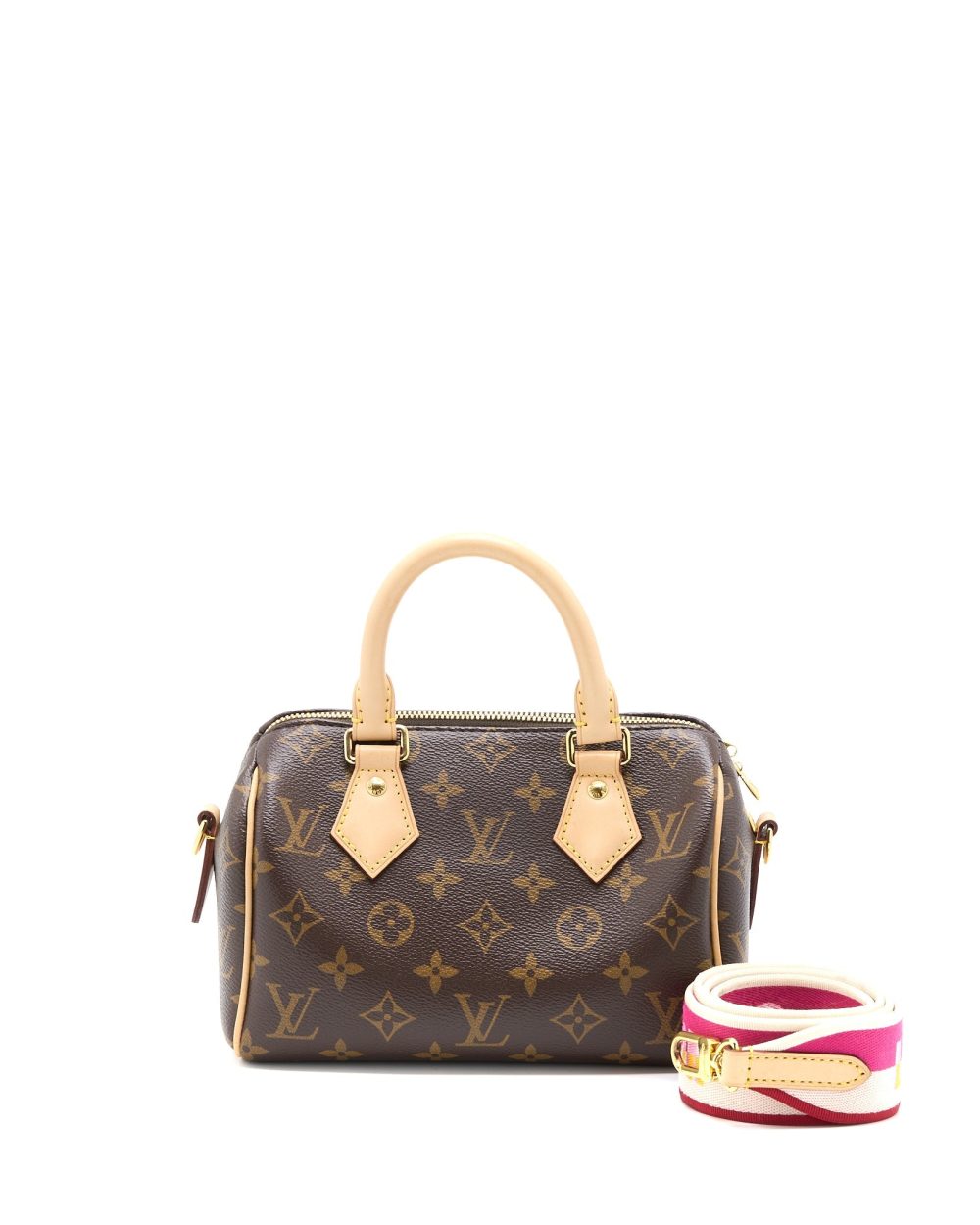 AAA Replica Louis Vuitton LV SPEEDY BANDOULIERE 20 MONOGRAM CANVAS WITH FUCHSIA STRAP GHW